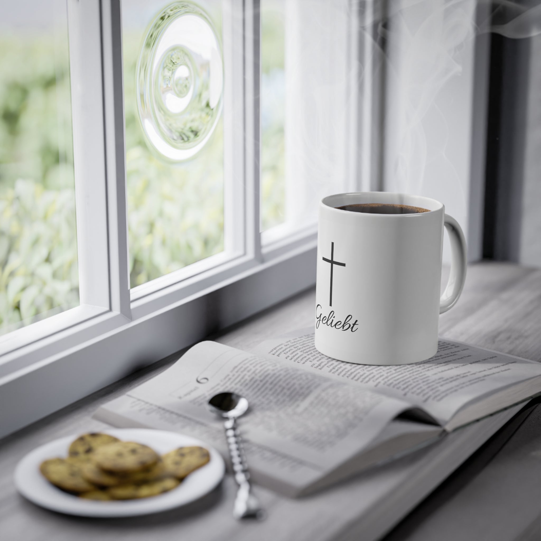 Christliche Tasse - Geliebt Spruch mit Kreuz
