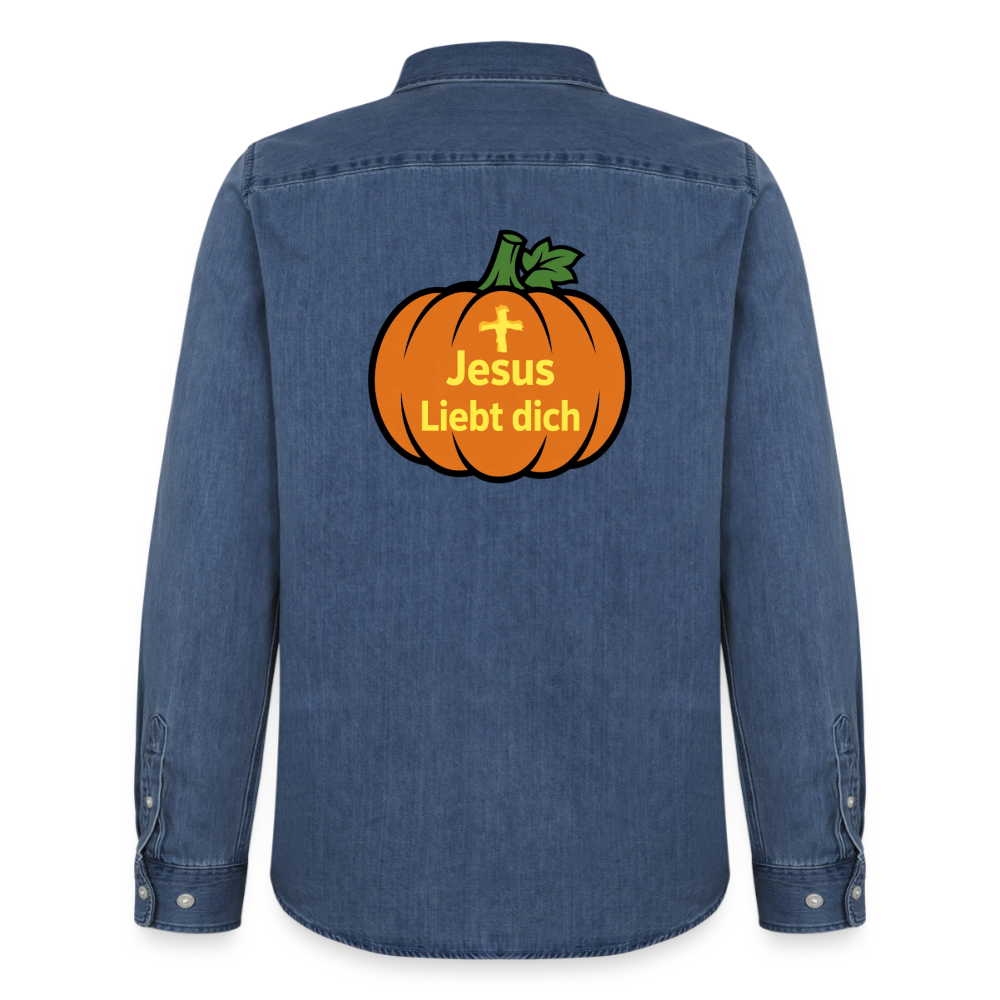 Männer Jeanshemd - Halloween Jesus Liebt dich Design - verwaschenes Mittelblau 