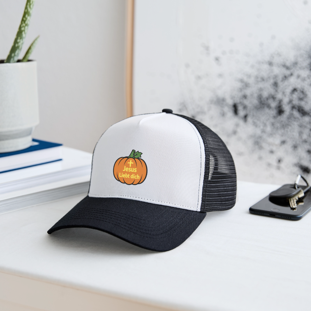 Trucker Cap - Halloween Jesus Liebt dich Design - Weiß/Schwarz