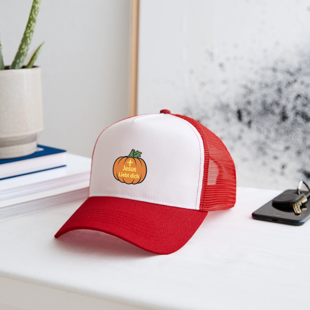 Trucker Cap - Halloween Jesus Liebt dich Design - Weiß/Rot