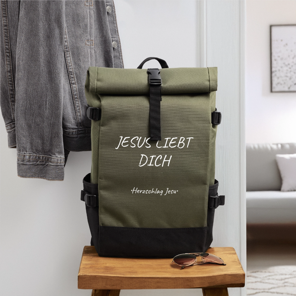 Rolltop Rucksack - Jesus liebt dich - Olive/Schwarz