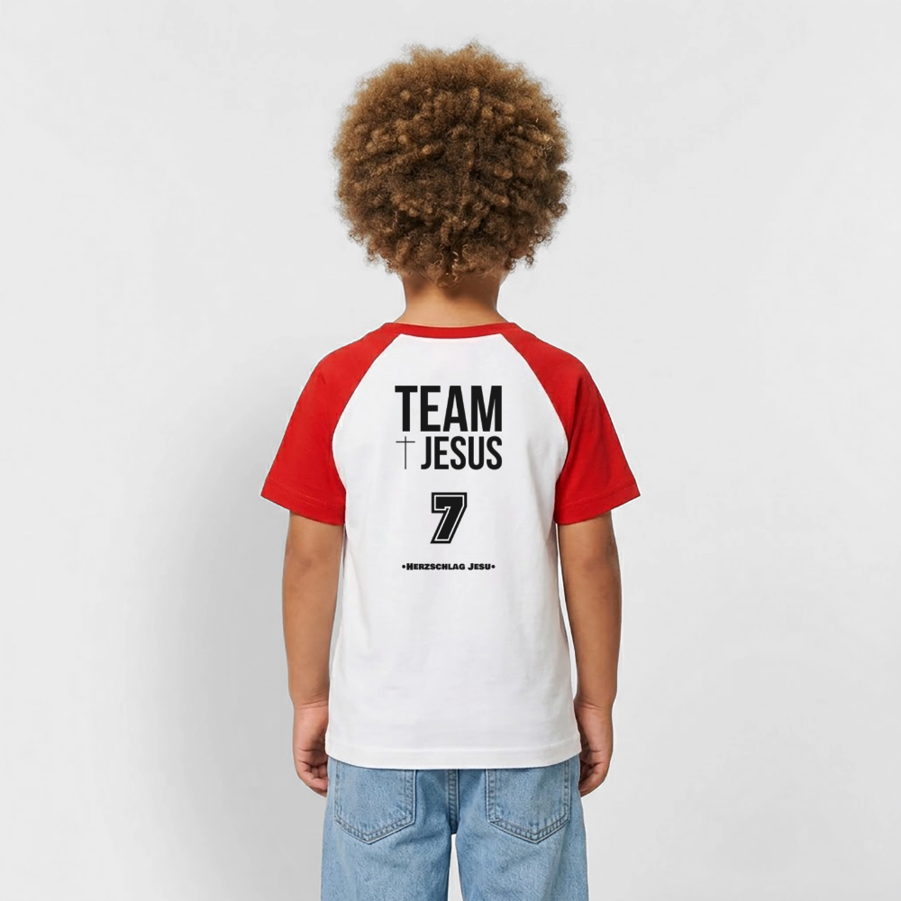 Kinder Baseball T-Shirt - Team Jesus 7 - Weiß/Rot