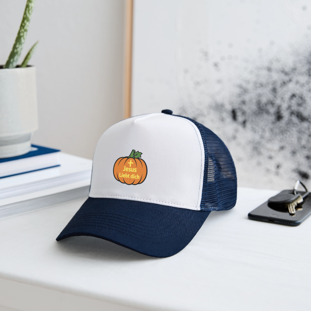 Trucker Cap - Halloween Jesus Liebt dich Design - Weiß/Navy