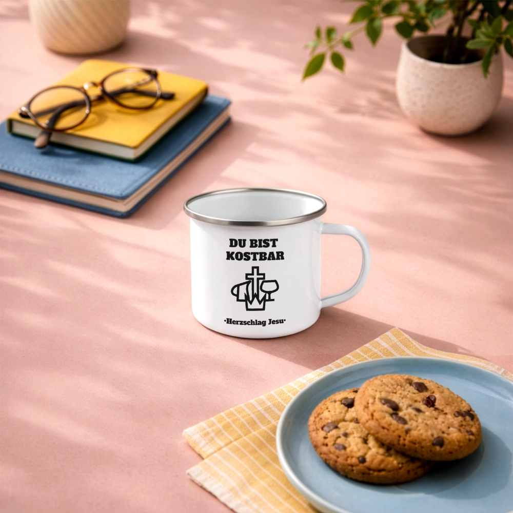 Emaille-Tasse - Du bist Kostbar -  Camping Tasse - Weiß