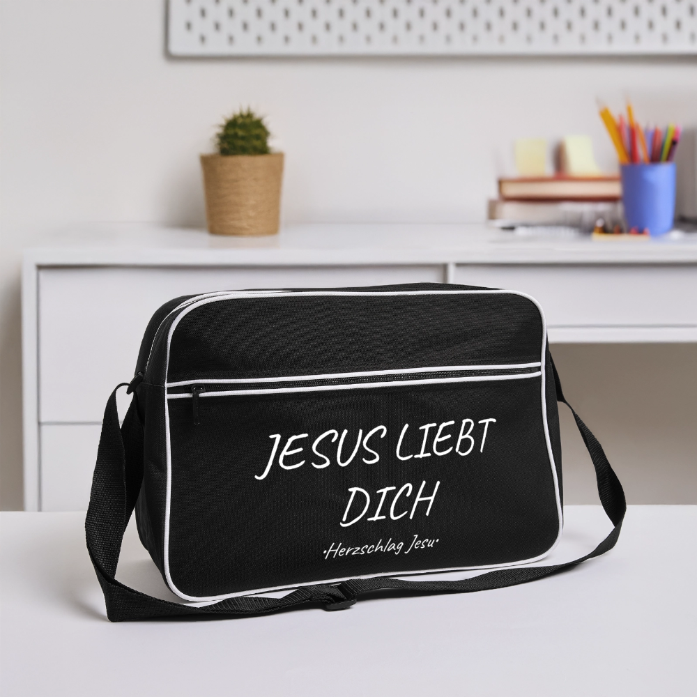 Retro Tasche - Jesus liebt dich - Schwarz/Weiß