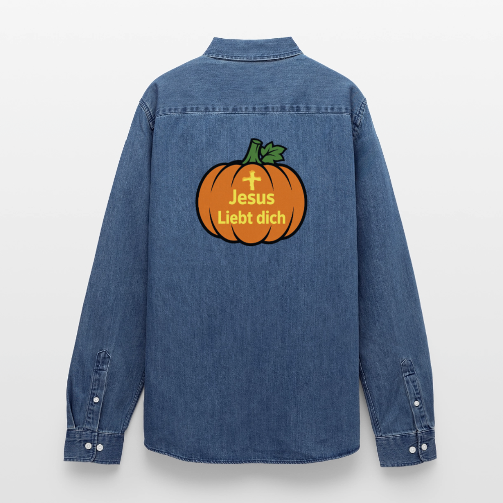 Männer Jeanshemd - Halloween Jesus Liebt dich Design - verwaschenes Mittelblau 