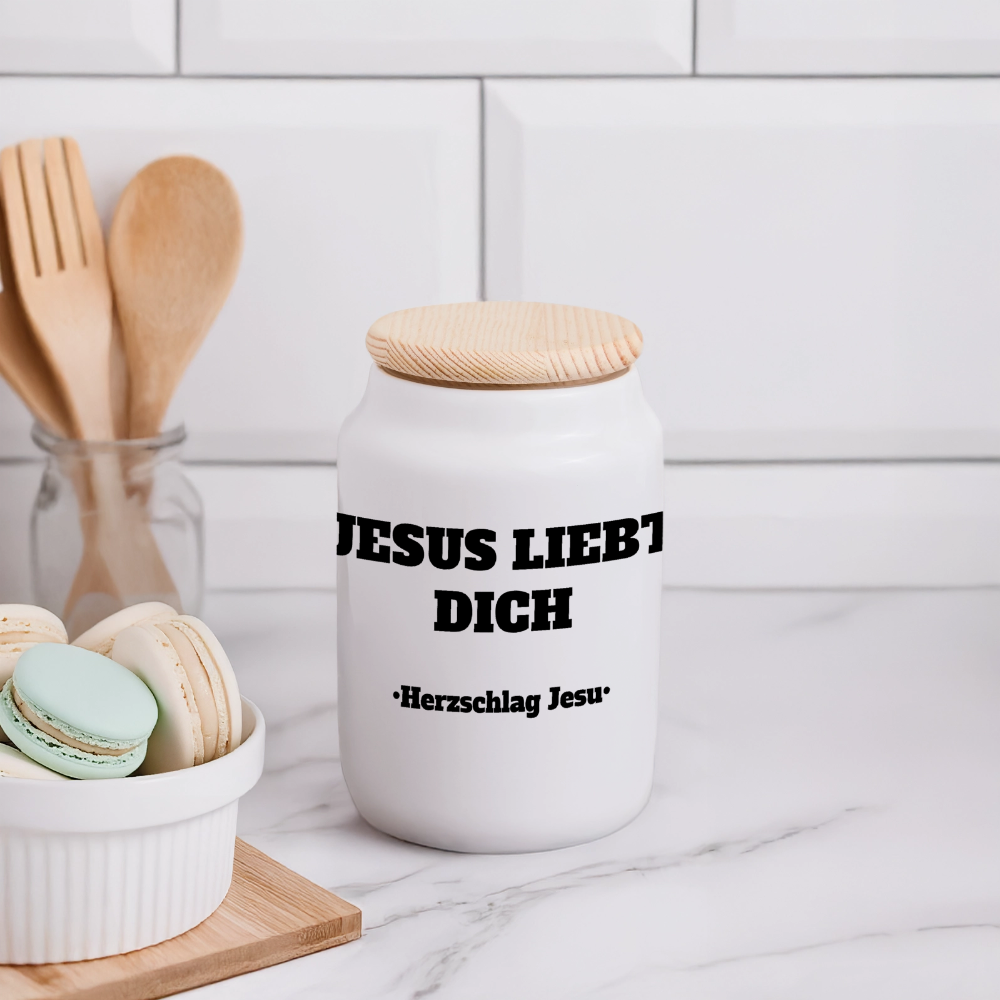 Panorama Keksdose mit Holzdeckel - Jesus liebt dich - Weiß