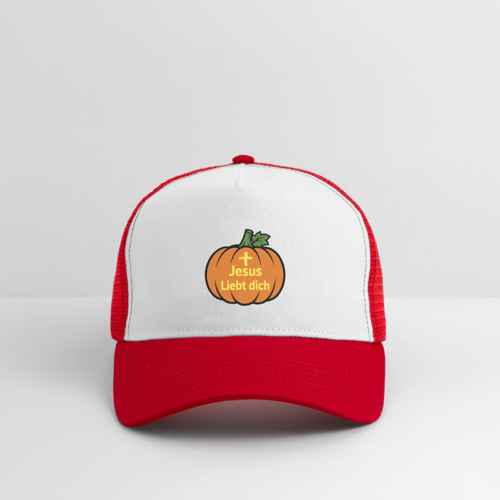 Trucker Cap - Halloween Jesus Liebt dich Design - Weiß/Rot