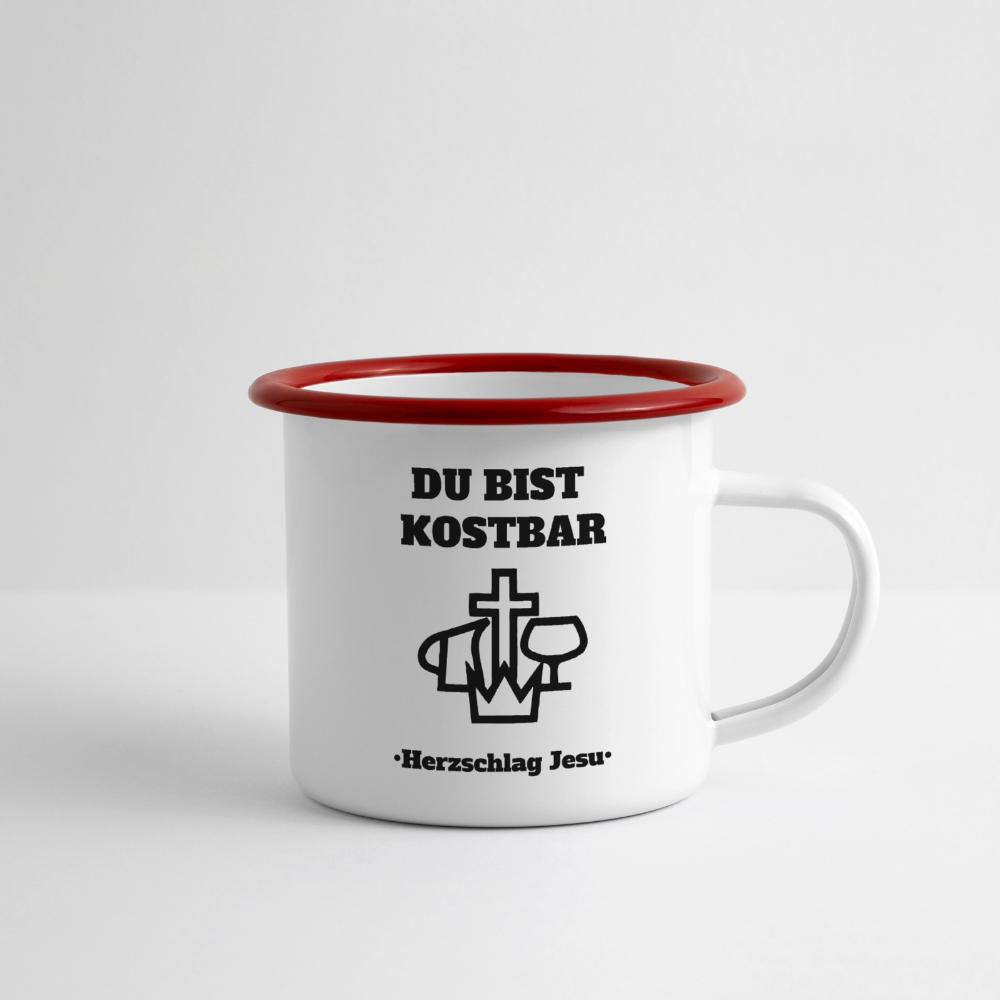 Emaille-Tasse - Du bist Kostbar -  Camping Tasse - Weiß/Rot