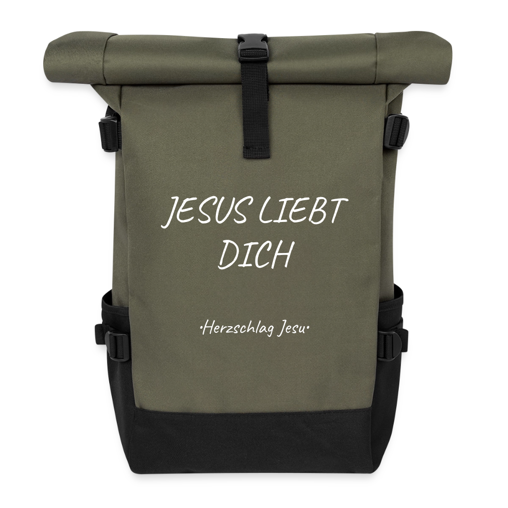 Rolltop Rucksack - Jesus liebt dich - Olive/Schwarz