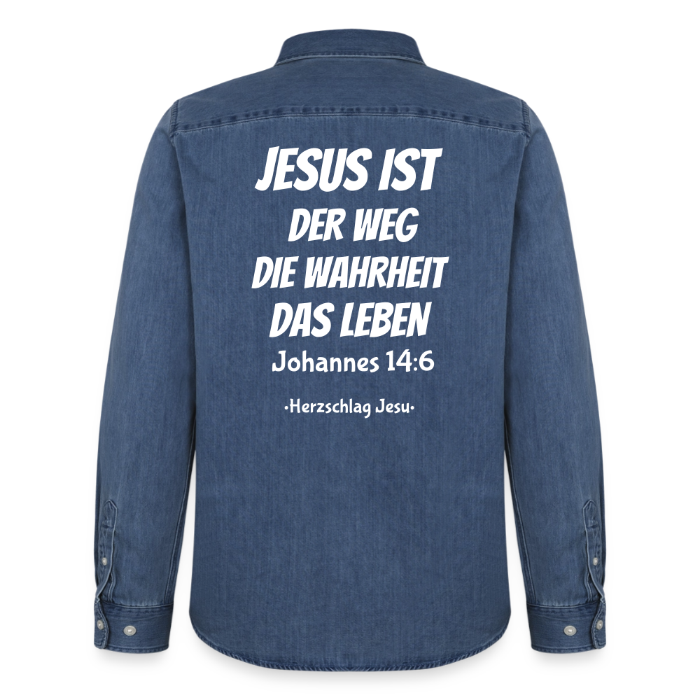 Männer Jeanshemd - Johannes 14:6 Jesus ist der Weg, die Wahrheit, das Leben - verwaschenes Mittelblau 