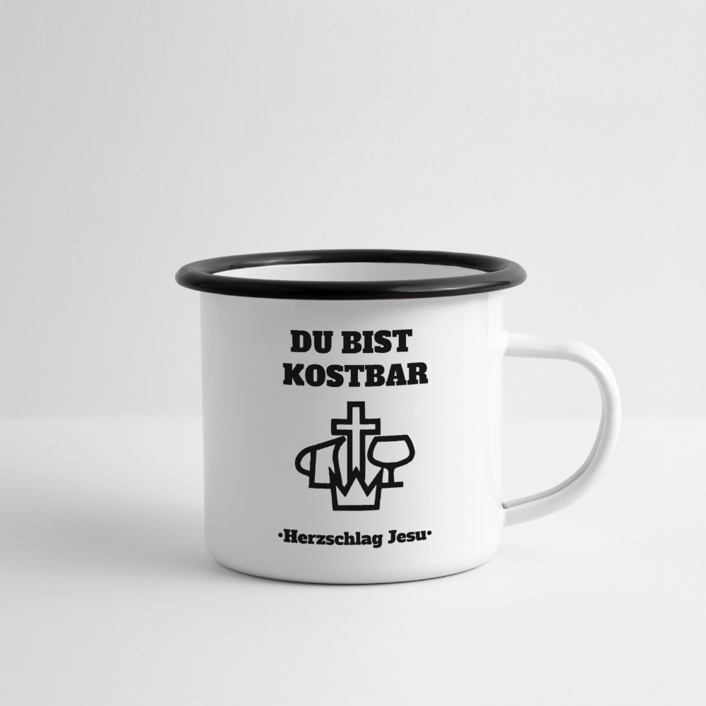 Emaille-Tasse - Du bist Kostbar -  Camping Tasse - Weiß/Schwarz