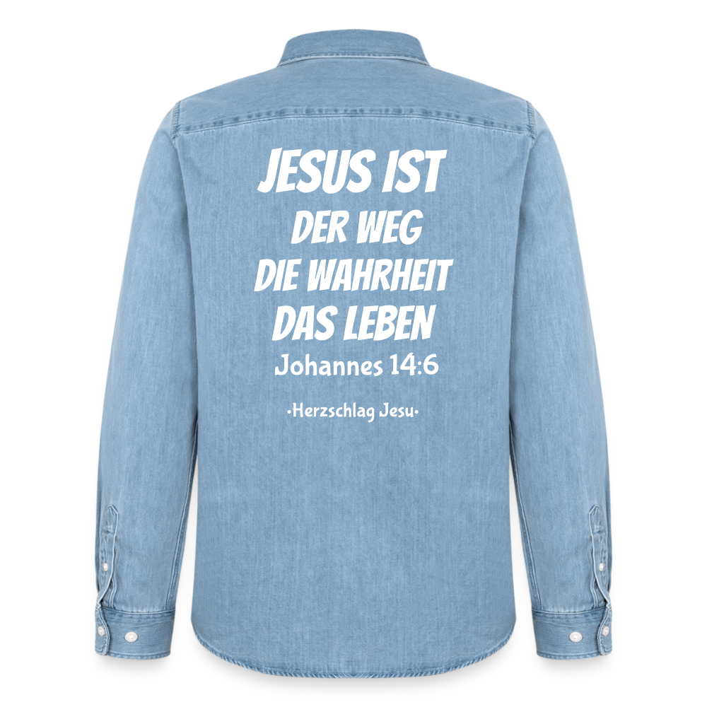 Männer Jeanshemd - Johannes 14:6 Jesus ist der Weg, die Wahrheit, das Leben - verwaschenes Hellblau