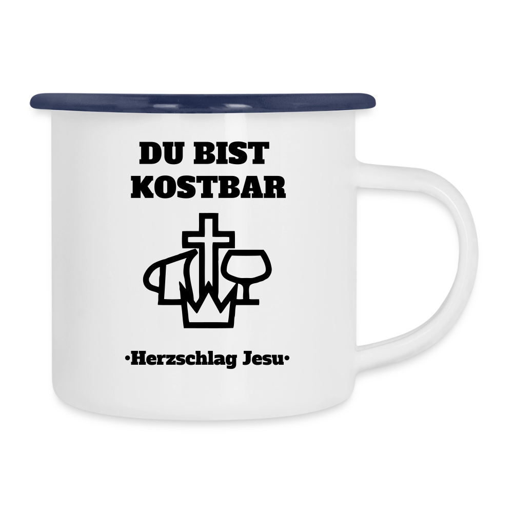 Emaille-Tasse - Du bist Kostbar -  Camping Tasse - Weiß/Blau