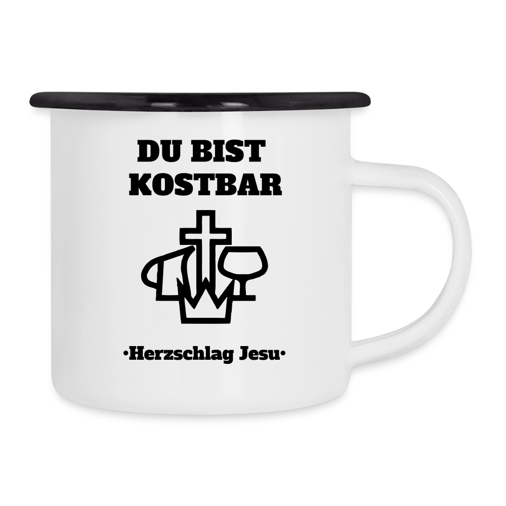 Emaille-Tasse - Du bist Kostbar -  Camping Tasse - Weiß/Schwarz