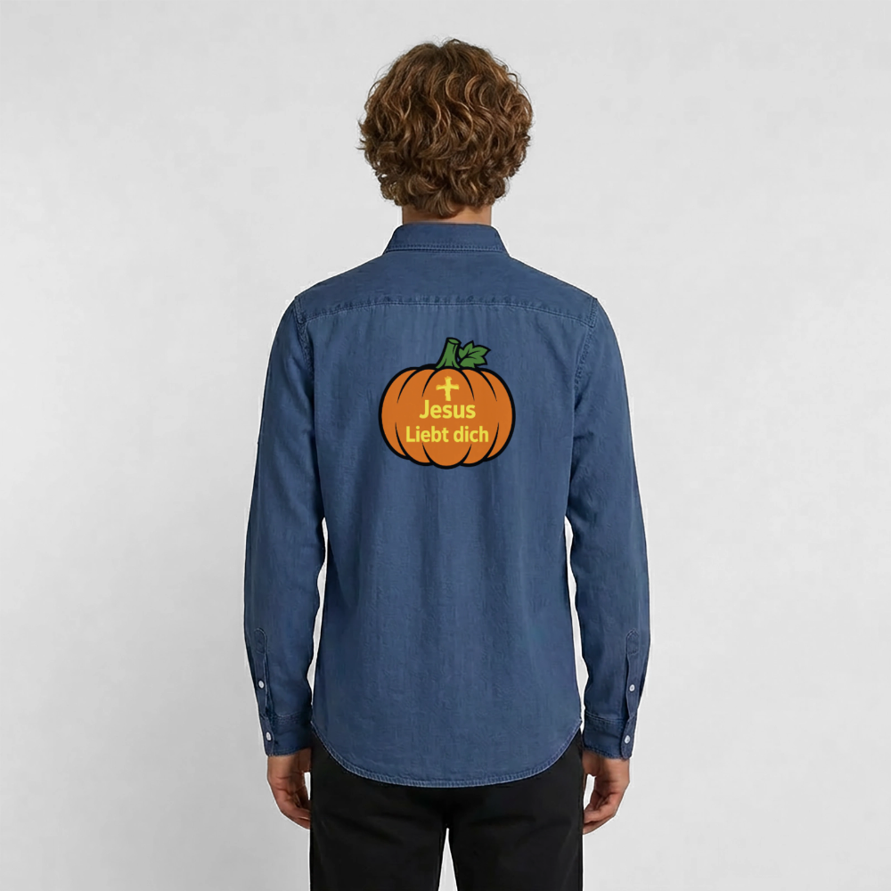 Männer Jeanshemd - Halloween Jesus Liebt dich Design - verwaschenes Mittelblau 