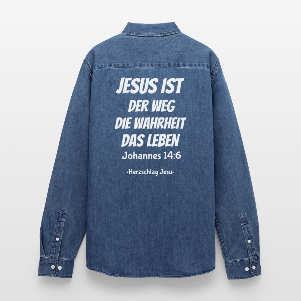 Männer Jeanshemd - Johannes 14:6 Jesus ist der Weg, die Wahrheit, das Leben - verwaschenes Mittelblau 