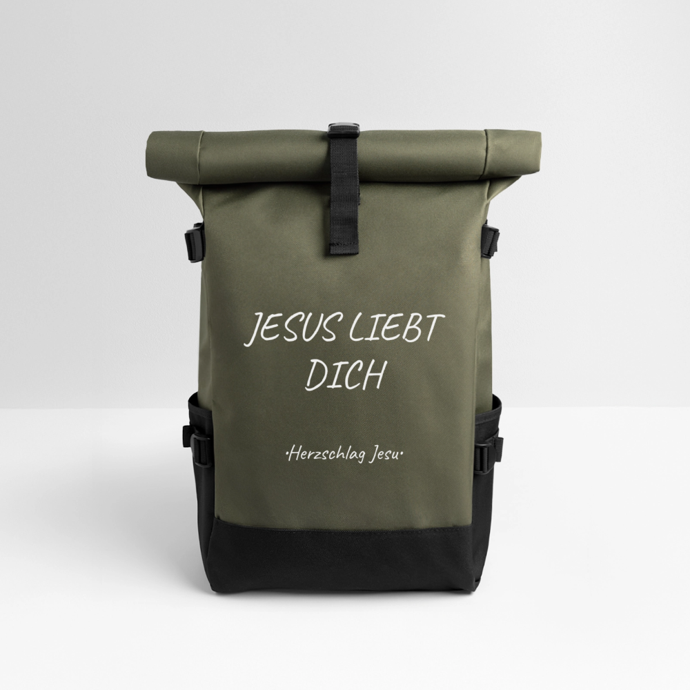 Rolltop Rucksack - Jesus liebt dich - Olive/Schwarz