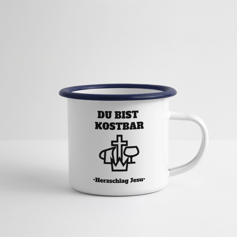 Emaille-Tasse - Du bist Kostbar -  Camping Tasse - Weiß/Blau