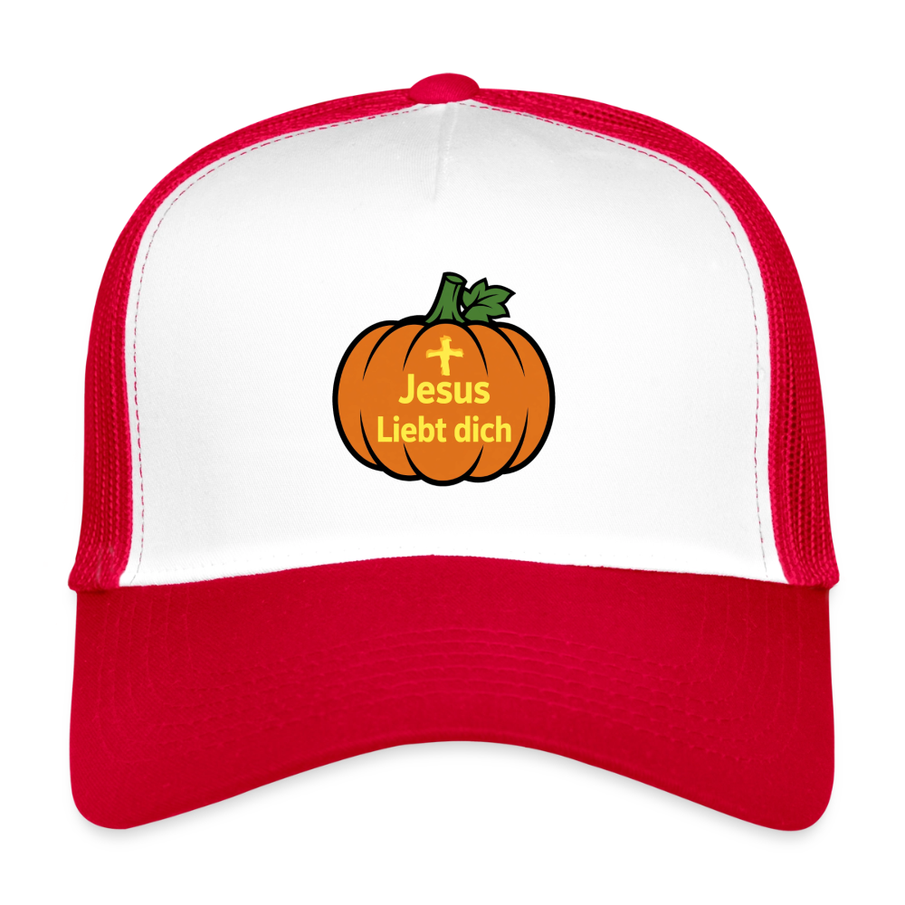 Trucker Cap - Halloween Jesus Liebt dich Design - Weiß/Rot